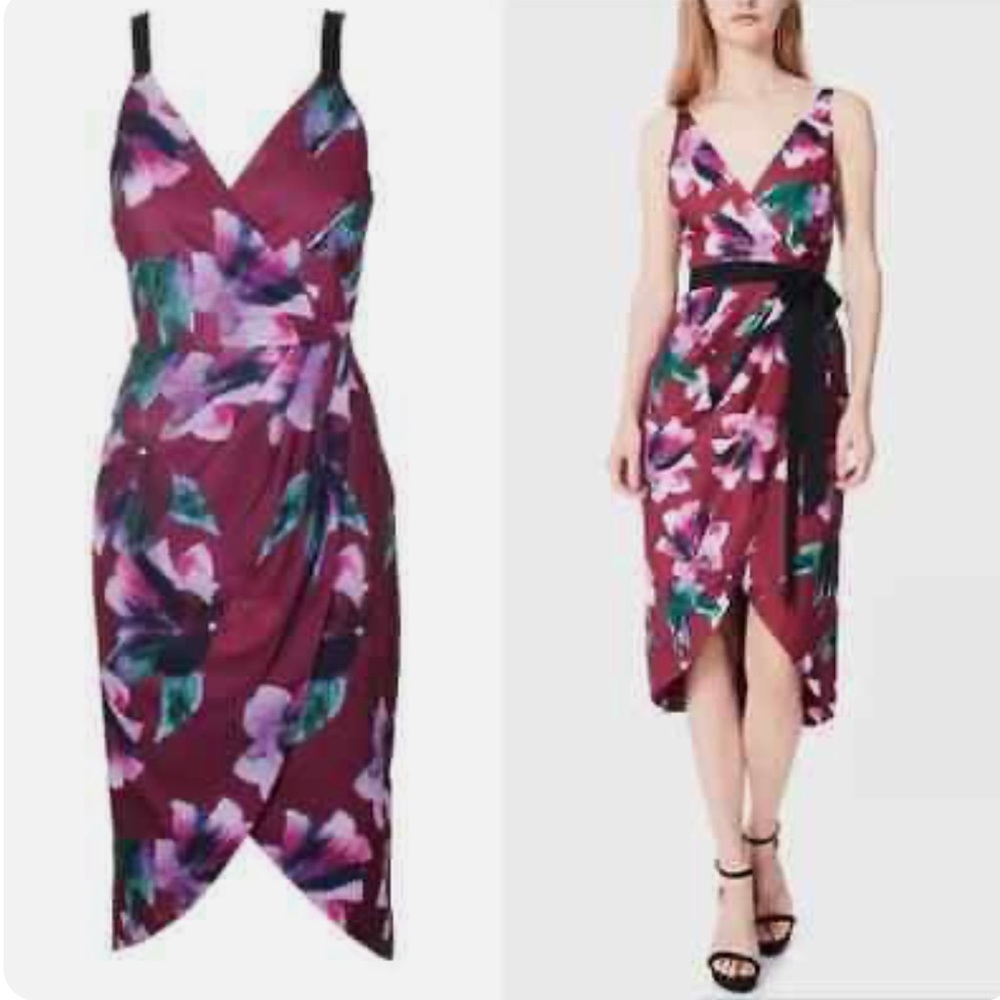 Fame and Partners Maroon Red The Helenium Floral Printed Faux Wrap Dress Size 0